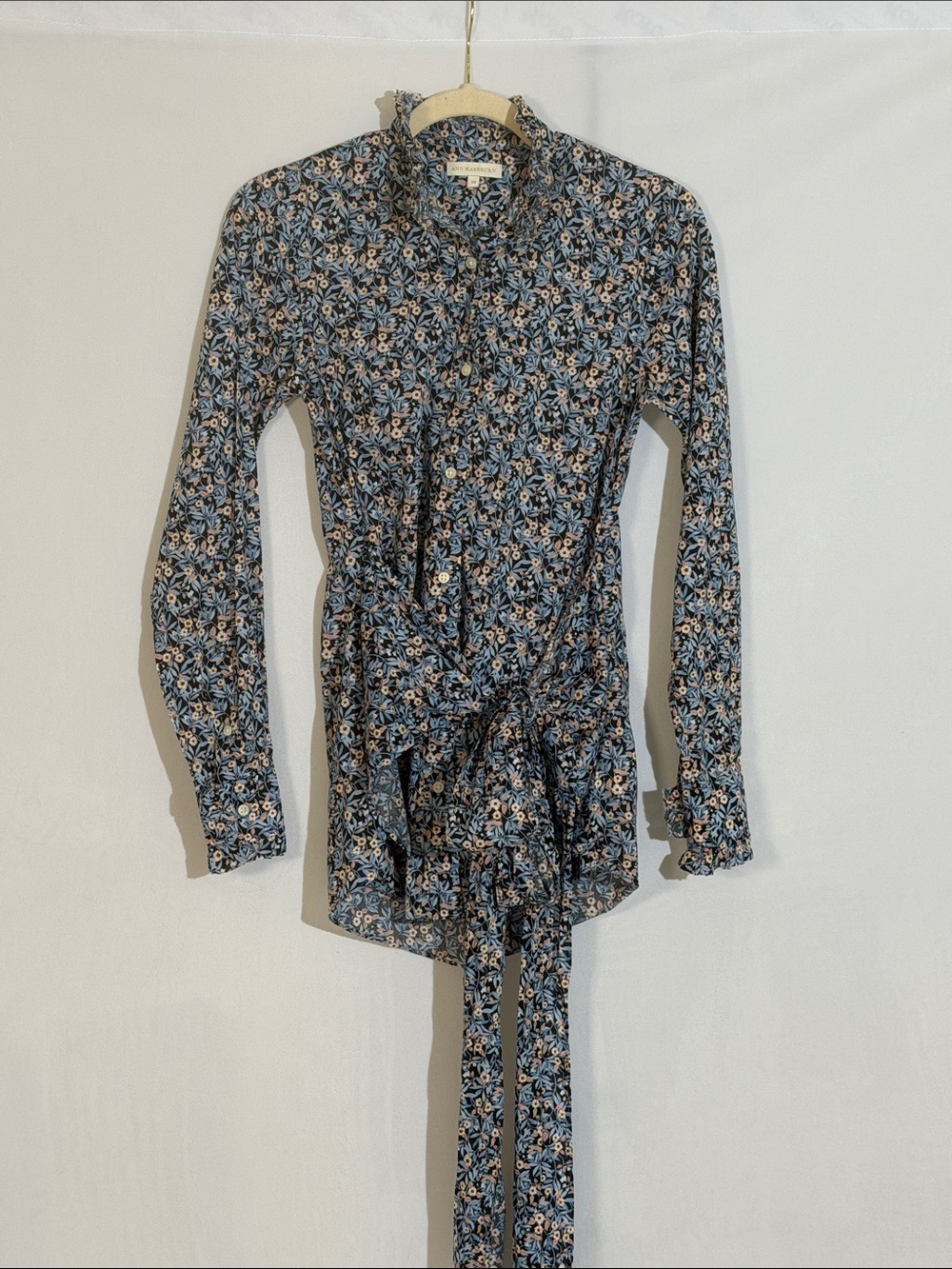 Ann Mashburn Button Down Tie Front Blouse Top Size XS Floral 100% Cotton EUC